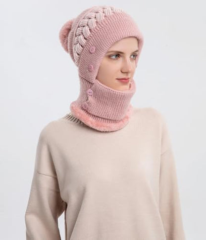 HUAMULAN Women Winter Knit Balaclava Fleece Lined Hooded Beanie Hats - color: Pink, size: One Size
