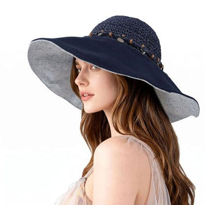 Women’s Packable Sun Hat, Wide Brim Foldable Beach Hat, UPF 50+ UV Protection Travel Summer Hat with Adjustable Fit - color: Blue