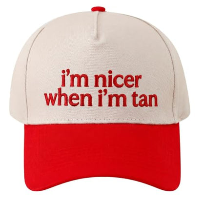 Funny Trucker Hat for Women - I'm Nicer When I'm Tan Embroidered Baseball Cap - Adjustable Summer Sun Hat for Beach - color: I'm Nicer When I'm Tan Red