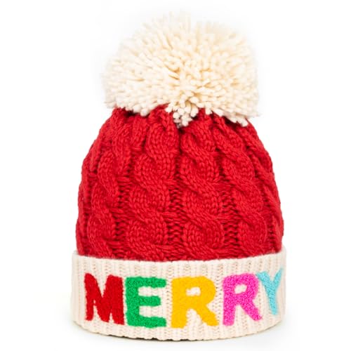 Christmas Merry Beanie for Women Winter Crochet Hat Chunky Cable Knit Pompom Santa Hat - color: Red-merry