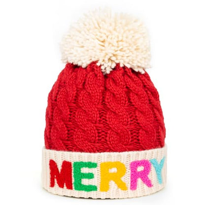 Christmas Merry Beanie for Women Winter Crochet Hat Chunky Cable Knit Pompom Santa Hat - color: Red-merry