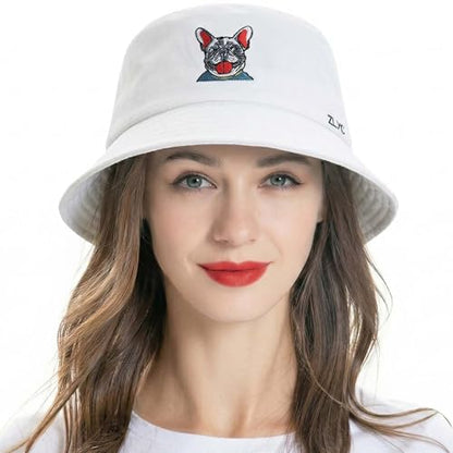 ZLYC Cotton Bucket Hat for Women Men Embroidered Packable Summer Sun Cap - color: Bulldog White