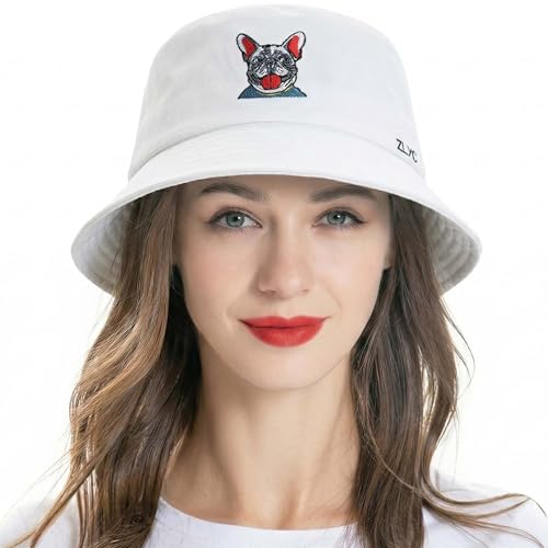 ZLYC Cotton Bucket Hat for Women Men Embroidered Packable Summer Sun Cap - color: Bulldog White