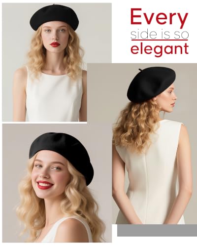French Beret Hats for Women - Wool Solid Color Beanie Cap - color: Black