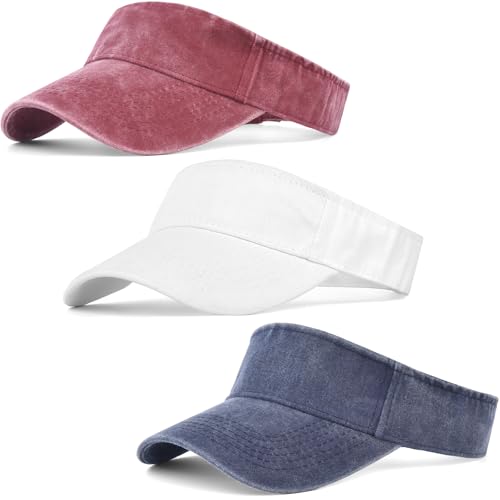 IYEBRAO 3 Pack Sun Visor Hat Sport Vintage Washed Adjustable Cotton Empty Top Ball Caps for Golf Running Tennis for Women&Men - color: Wine Red+navy Blue+white