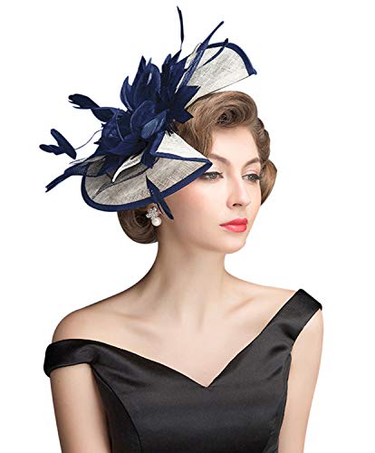 Z&X Sinamay Fascinator Hat Floral Feather Pillbox Derby Hats for Women Wedding Tea Party with Headband Clip - color: 006a Navy Blue and White