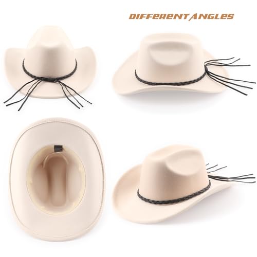 DRESHOW Western Cowboy Hat for Men Women Cowboy Cowgirl Hat Outdoor Wide Brim Retro Felt Fedora Hats Unisex Rolled up Caps - color: 1 Pack Style 8: Beige