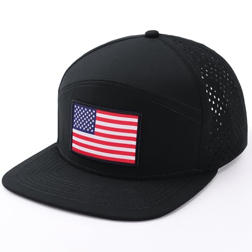 American Flag Baseball Cap, Flat Bill Brim Hat for Men Women, Patriotic Mesh Snapback Hats - color: Black & Red