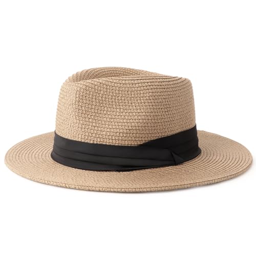 DRESHOW Women Straw Panama Hat Travel Fedora Beach Sun Hat Summer Wide Brim Straw Roll up Hat UPF 50+ - color: Z Panama Straw Hat: Khaki a