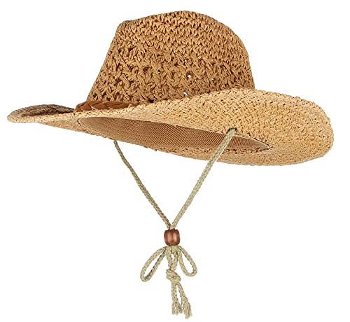 GEMVIE Baby Toddler Kids Sun Straw Western Cowboy Hat Wide Brim with Chin Strap - color: Khaki
