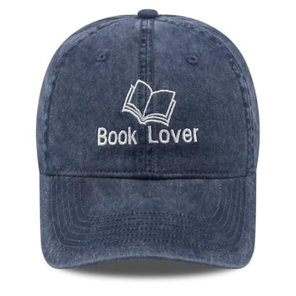 Embroidered Book Lover Baseball Cap for Men Women, Funny Washed Cotton Classic Dad Hat, Reading Lover Gift Idea - color: Book Lover, Navy Blue