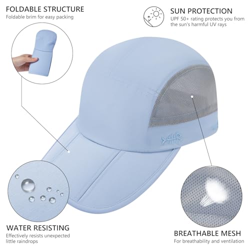 BASSDASH Folding Fishing Baseball Cap UPF 50+ Water Resistant Outdoor Portable Brim Hats for Women Men Hiking Adjustable - color: Light Blue