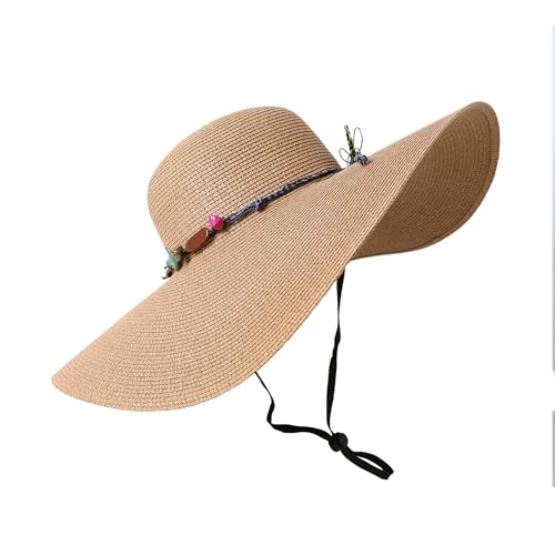 Lanzom Womens Wide Brim Straw Hat Big Floppy Foldable Roll up Cap Beach Sun Hat UPF 50+ - color: Rainbow Bead-khaki