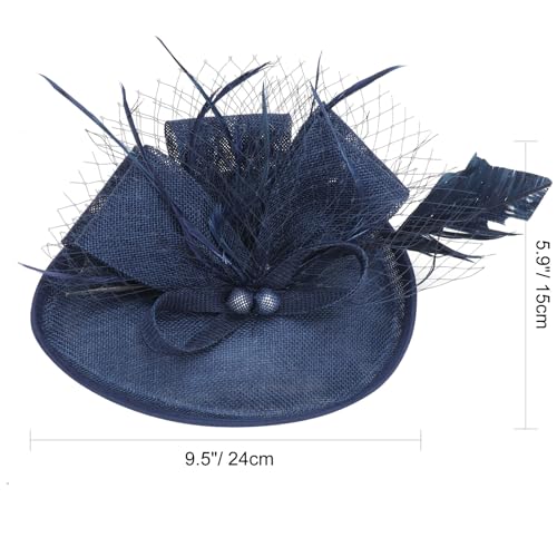AQOKKA Women Fascinators Hats Flower Mesh Feathers Headband Clip - color: 1 Pc Feather Fascinators : Navy Blue