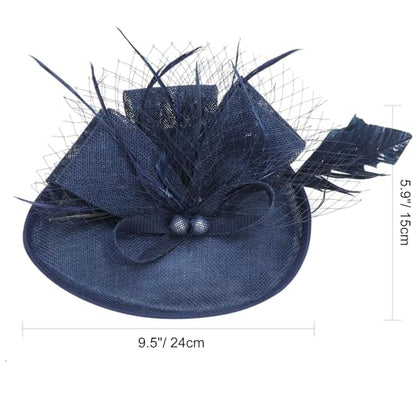 AQOKKA Women Fascinators Hats Flower Mesh Feathers Headband Clip - color: 1 Pc Feather Fascinators : Navy Blue