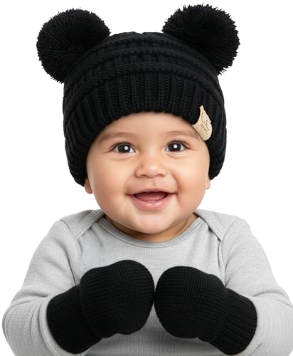 Funky Junque Baby Double Faux Fur Pom Pom Beanie & Mittens Set – Newborn Infant 0–9 Months Winter Hat with Soft Lined Mittens - color: Black (0-9 Months)