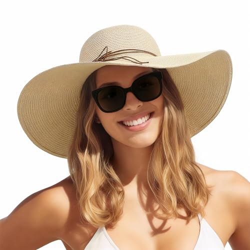 Women's Sun Straw Hat Wide Brim Floppy Foldable Hats Beach Travel Summer Vacation Hat UPF 50+ - color: Light Beige