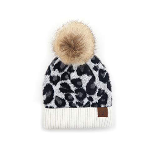Funky Junque Women’s Pom Pom Beanie – Soft Knit Winter Hat for Women & Teens, Leopard & Zebra Fashion Animal Print Beanies - color: Leopard - Ivory