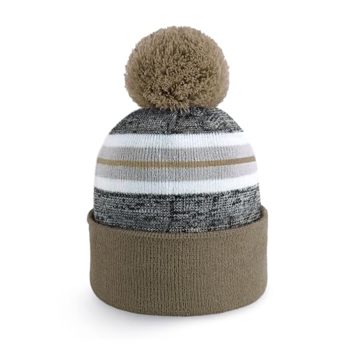 Pom Pom Beanie Cuffed Knit Winter Hat Skull Cap Striped Novelty Men Women - color: (Khaki)