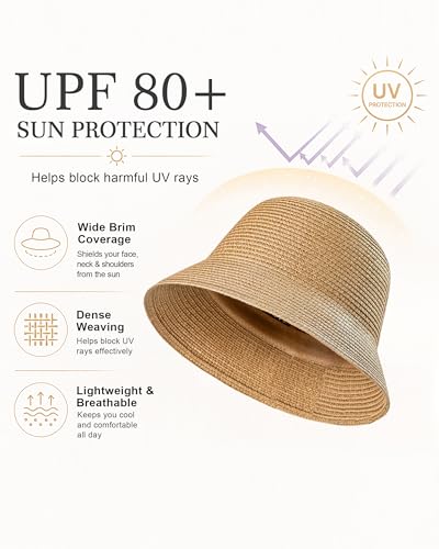 Sun Hats for Women Summer Beach Hat for Women with UV Sun Protection Large Straw Hats for Women with Strap - color: Khaki+fishermanhat
