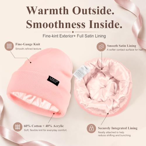 Satin Lined Winter Beanie Hats for Women Men Cotton Knitted Cuffed Knit Hat - color: Pink