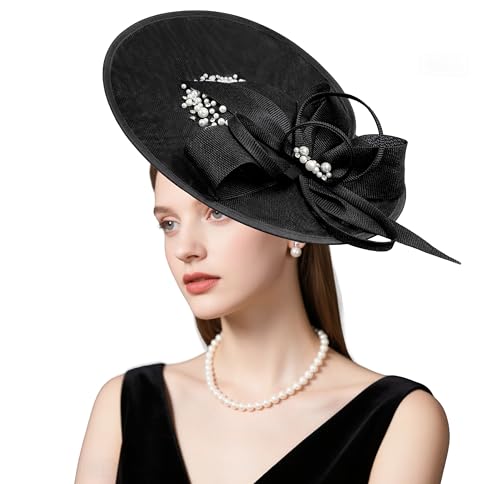 dressfan Vintage Fascinator Hats for Women,Linen Pearl Fascinator for Derby Church Wedding Tea Party - color: Black