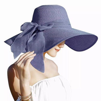 Lanzom Womens 5.7 Inches Big Bowknot Straw Hat Large Floppy Foldable Roll up Beach Cap Sun Hat UPF 50+ - color: Navy Blue
