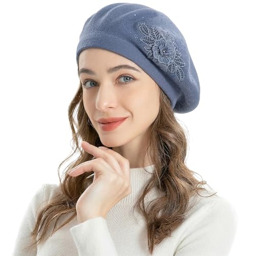ZLYC Women French Beret Hat Reversible Solid Color Mosaic Warm Artist Cap - color: Flower Haze Blue