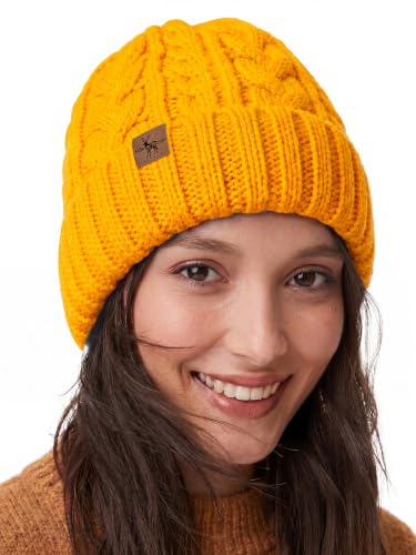 Winter Hats for Women Cable Knit Chunky Skull Cap Fleece Lined Thick Fold Cuff Beanie hat - color: Ginger, style: Wheat Spike