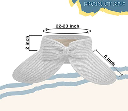 Straw Sun Visor for Women, Wide Brim UPF 50+ Protection Beach Hat, Adjustable, Roll Up Foldable Ponytail Cap with Chin Strap - color: White