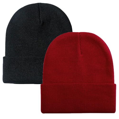 ZOORON Beanie for Men Women Slouchy Winter Beanie Hats Cuffed Skull Caps - color: 2pack-black&wine.