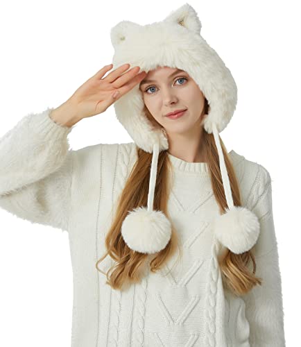 HUAMULAN Women Winter Sherpa Knit Beanie Hat Fleece Lined Ear Flaps - color: Cream White