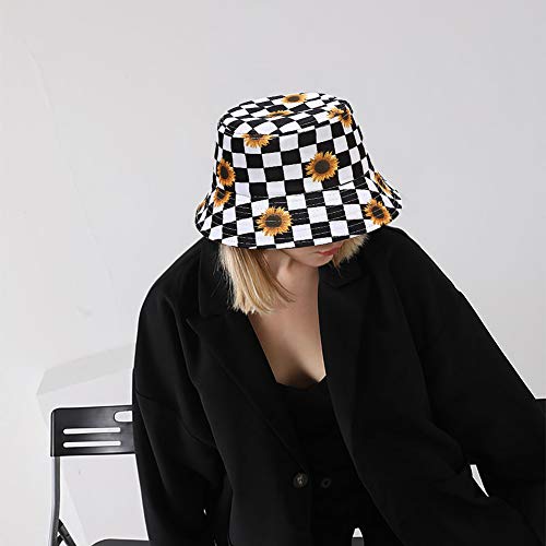 Unisex Bucket Hat Summer UPF 50+ Sun Protection Outdoor Beach Fishing Travel Hiking Hat - color: Checkered/Sunflower Pattern