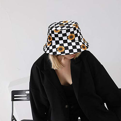Unisex Bucket Hat Summer UPF 50+ Sun Protection Outdoor Beach Fishing Travel Hiking Hat - color: Checkered/Sunflower Pattern