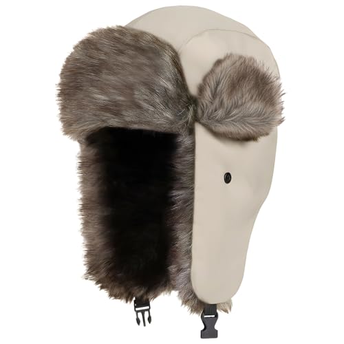 Cozy Plush Winter Hats Men Women Trapper Trooper Hat with Earflaps Windproof Russian Ushanka Hats Outdoor Skiing Cap - color: Beige-a