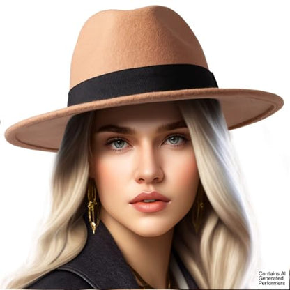 Felt Wide Brim Fedora Hats for Women Men, with Band Belt Buckle, Adjustable - color: P01 Khaki