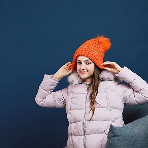 REDESS Women Winter Pompom Beanie Hat with Warm Fleece Lined Thick Slouchy Snow Knit Hat Skull Ski Cap - color: Orange