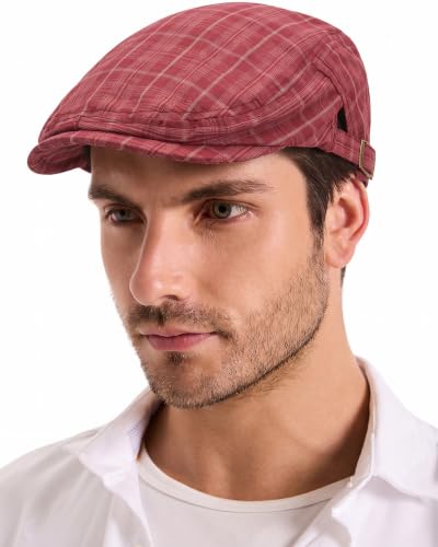 ZLYC Men Summer Flat Cap Scally Ivy Gatsby Newsboy Beret Driver Hat - color: Tartan Red