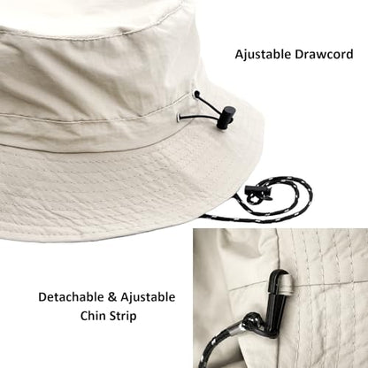 woogwin Waterproof Bucket Rain Hat with Chin Strap Quick Dry Packable Boonie Sun Hat Safari Hat UV Protection - color: Beige