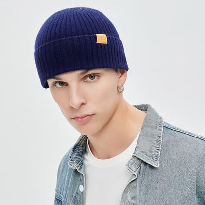 100% Merino Wool Fisherman Beanie Hat, Unisex Warm Winter Hats, Soft Breathable Knitted Short Cuffed Cap - color: Dark Blue