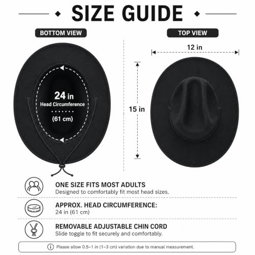 COLLECT PRESENT Plain Felt Cowboy & Cowgirl Hat for Men and Women | Western Studded Cowboy Hat in Adult Sizes - color: Black