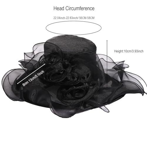 Women Oganza Sun Hat Church Wide Brim Wedding Formal Fascinator Hat - color: Black
