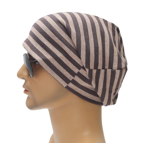 ZLYC Cotton Thin Slouchy Beanie Hat for Men Women Stretch Skull Cap - color: Striped Brown and Khaki, size: One Size