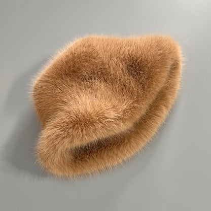 Women's Oversized Faux Fur Bucket Hat, Fluffy Plush Winter Hat, Solid Color - color: Burgundy