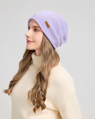 100% Merino Wool Slouchy Beanie Hat, Women Warm Winter Caps Soft, Ladies Breathable & Cozy Stretchy Knitted Skull Cap - color: Lavender Purple