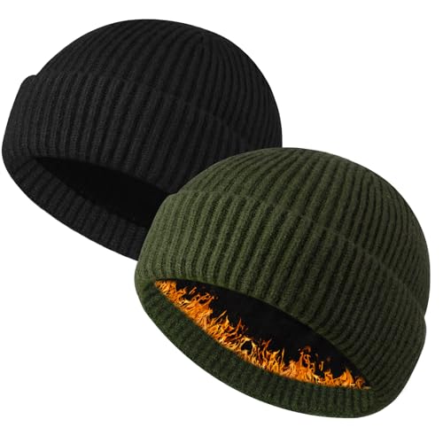 Heniho Wool Fleece Lined Fisherman Beanie for Men, Winter Warm Hats Cuffed Knit Watch Cap Trawler Hat - color: 2pack K- Black&army Green