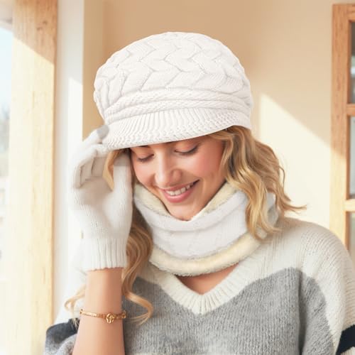 Loritta 3 in 1 Womens Winter Hat Gloves Scarf Set, Warm Hat Mittens - color: White