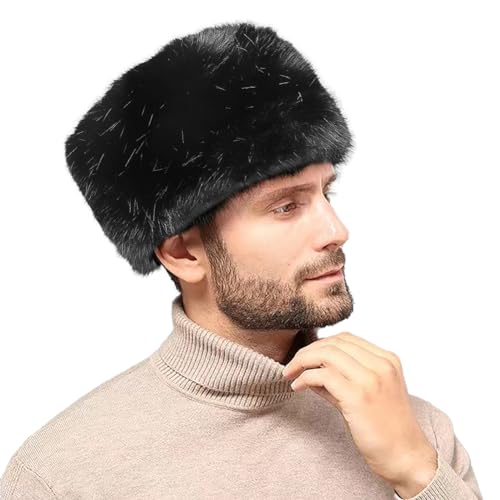 Unisex Russian Ushanka Cossack Trapper Hat Faux Rabbit Fur Trooper Hat Fuzzy Furry Hunting Cap Winter Outdoor Warm Skiing Cap - color: Black