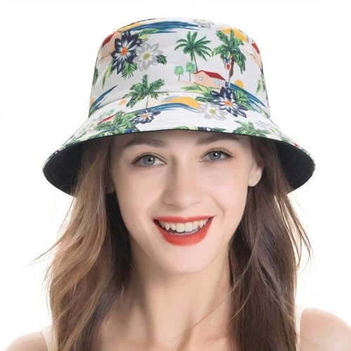 ZLYC Printed Bucket Hat for Women Men Packable Summer Sun Hat for Beach - color: Tropical Village White