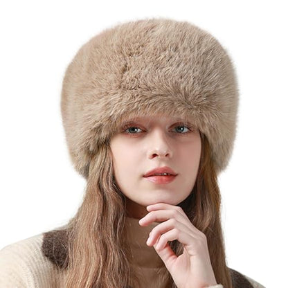 Peicees Winter Faux Fur Hat for Women Russian Style Ladies Ushanka Warm Fluffy Bucket Hat Fuzzy Furry Cap - color: Light Khaki